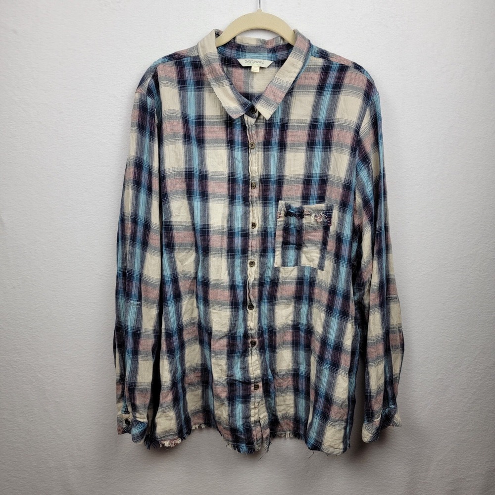 Tantrums womens 3XL Blue Pink White Plaid button down top long sleeve Frayed Hem